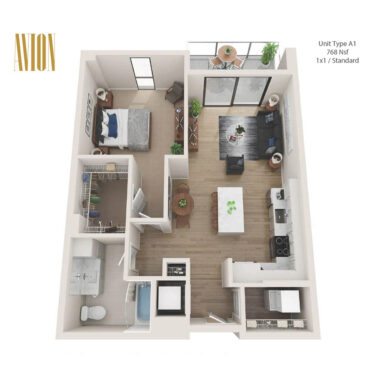 Rendering of the A1 floor plan with 1 bedroom[s] and 1 bathroom[s] at Avion Riverwalk