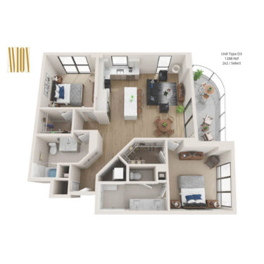 Rendering of the D3 floor plan with 2 bedroom[s] and 2 bathroom[s] at Avion Riverwalk