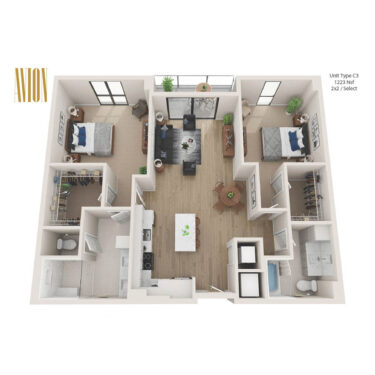 Rendering of the C3 floor plan with 2 bedroom[s] and 2 bathroom[s] at Avion Riverwalk
