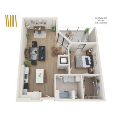 Rendering of the B2.1 floor plan with 1 bedroom[s] and 1 bathroom[s] at Avion Riverwalk