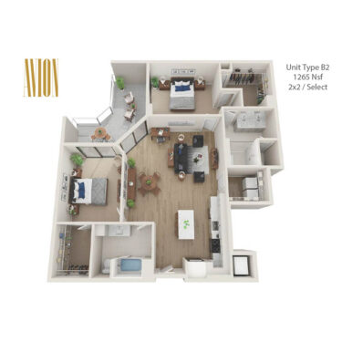 Rendering of the B2 floor plan with 2 bedroom[s] and 2 bathroom[s] at Avion Riverwalk