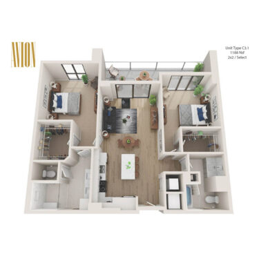 Rendering of the C3.1 floor plan with 2 bedroom[s] and 2 bathroom[s] at Avion Riverwalk