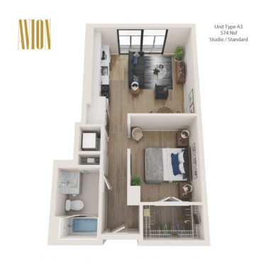 Rendering of the A3 floor plan with a Studio bedroom and 1 bathroom[s] at Avion Riverwalk