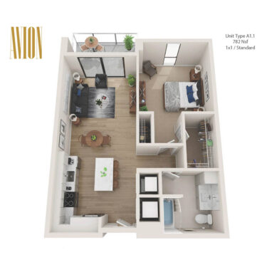 Rendering of the A1.1 floor plan with 1 bedroom[s] and 1 bathroom[s] at Avion Riverwalk
