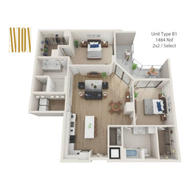 Rendering of the B1 floor plan with 2 bedroom[s] and 2 bathroom[s] at Avion Riverwalk
