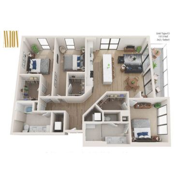 Rendering of the E1 floor plan with 3 bedroom[s] and 2 bathroom[s] at Avion Riverwalk