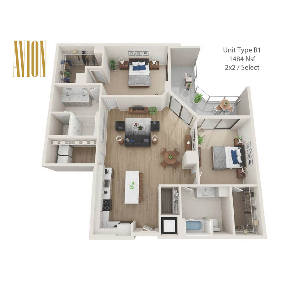 Rendering of the B1 floor plan with 2 bedroom[s] and 2 bathroom[s] at Avion Riverwalk