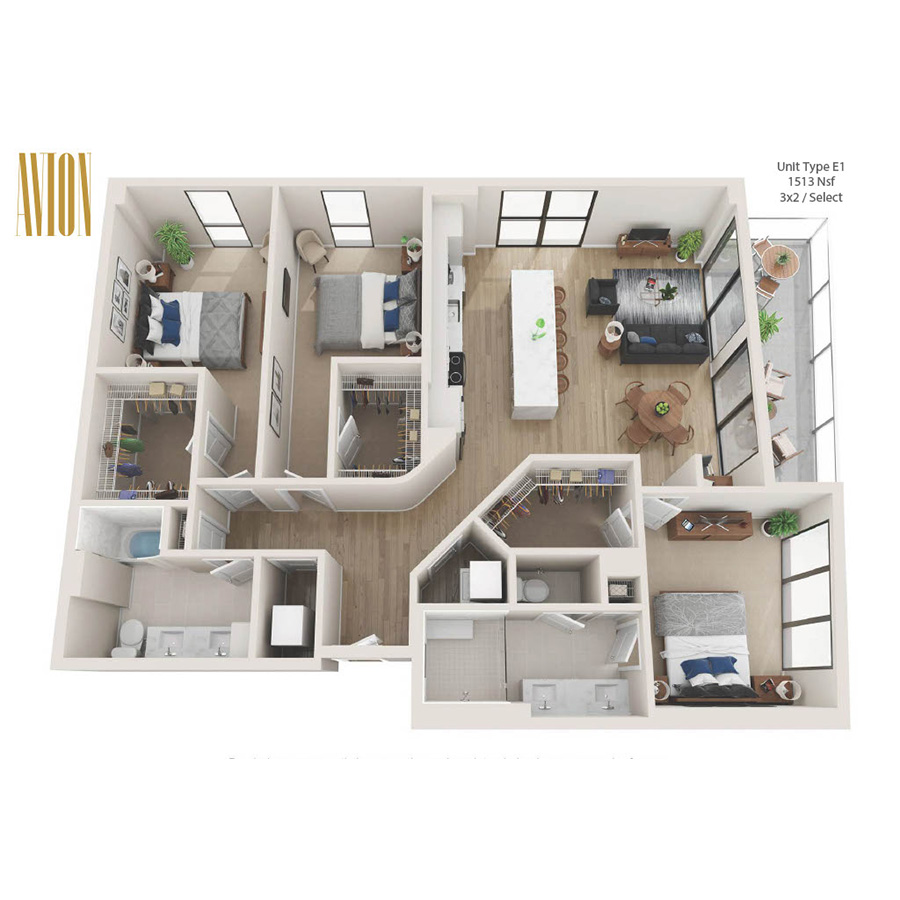 Rendering of the E1 floor plan with 3 bedroom[s] and 2 bathroom[s] at Avion Riverwalk