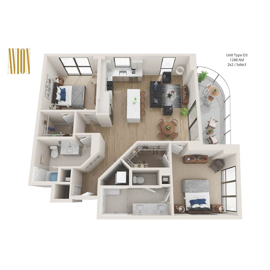 Rendering of the D3 floor plan with 2 bedroom[s] and 2 bathroom[s] at Avion Riverwalk
