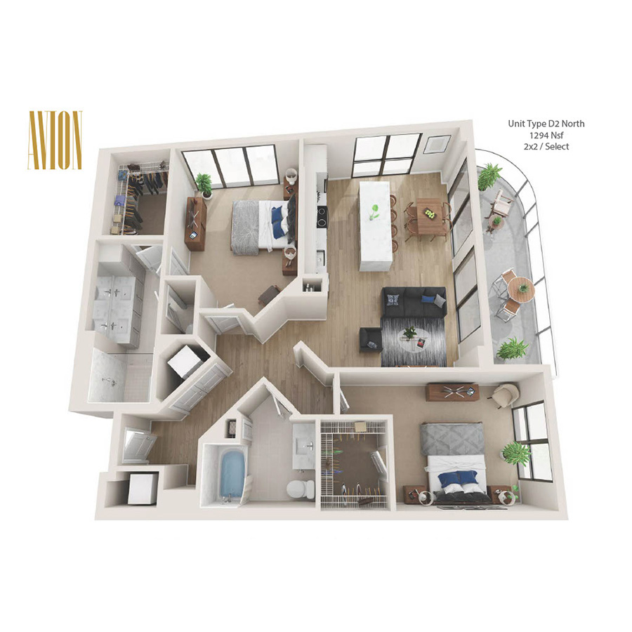 Rendering of the D2 floor plan with 2 bedroom[s] and 2 bathroom[s] at Avion Riverwalk