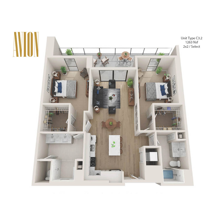 Rendering of the C3.2 floor plan with 2 bedroom[s] and 2 bathroom[s] at Avion Riverwalk