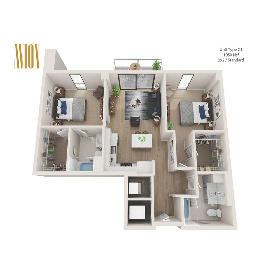 Rendering of the C1 floor plan with 2 bedroom[s] and 2 bathroom[s] at Avion Riverwalk
