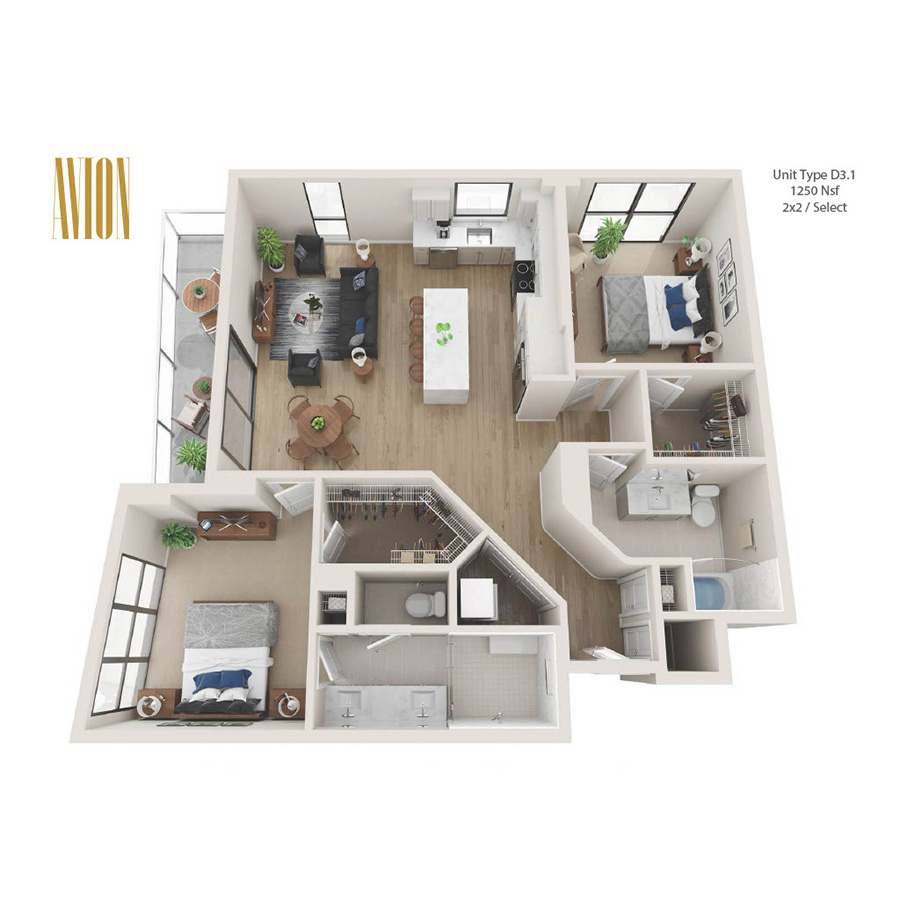 Rendering of the D3.1 floor plan with 2 bedroom[s] and 2 bathroom[s] at Avion Riverwalk