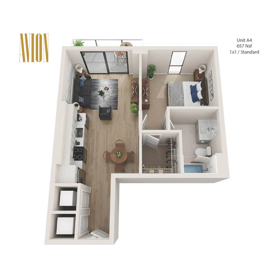 Rendering of the A4 floor plan with 1 bedroom[s] and 1 bathroom[s] at Avion Riverwalk