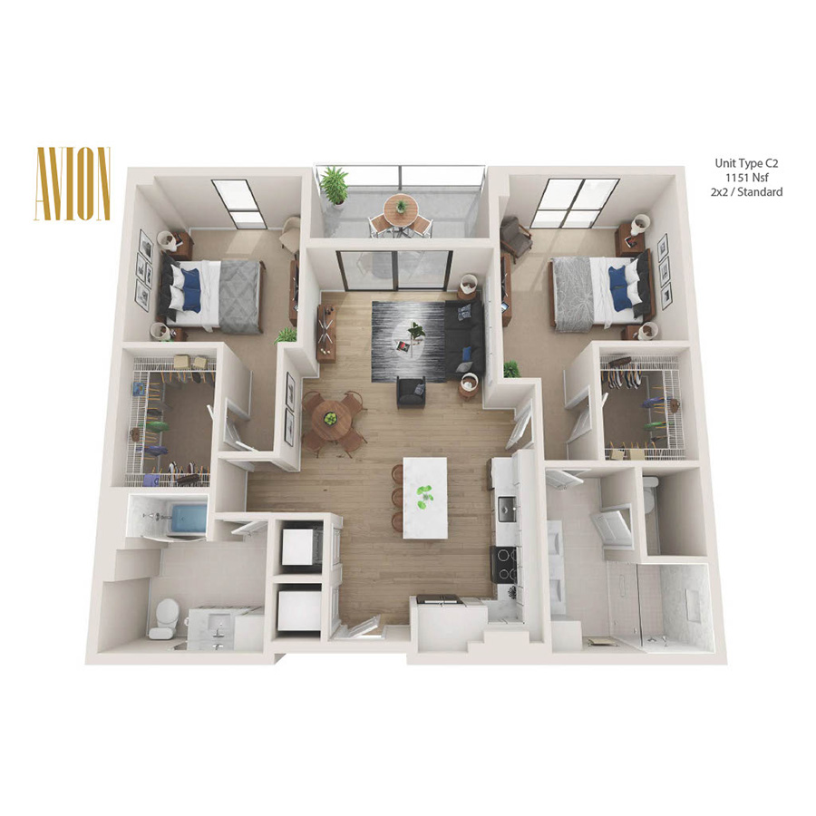 Rendering of the C2 floor plan with 2 bedroom[s] and 2 bathroom[s] at Avion Riverwalk