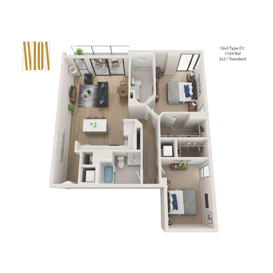 Rendering of the D1 floor plan with 2 bedroom[s] and 2 bathroom[s] at Avion Riverwalk